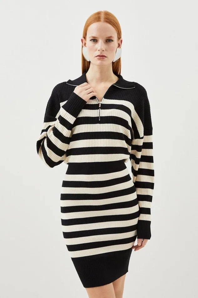 Dresses Women Karen Millen Viscose Blend Fly Collar Rib Knit Stripe Mini Dress Mono