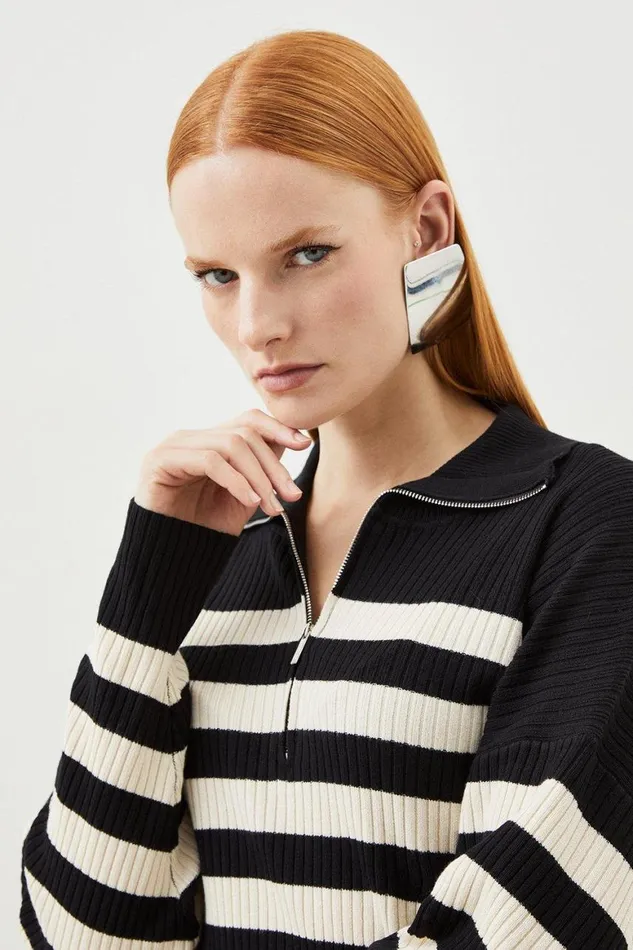 Dresses Women Karen Millen Viscose Blend Fly Collar Rib Knit Stripe Mini Dress Mono