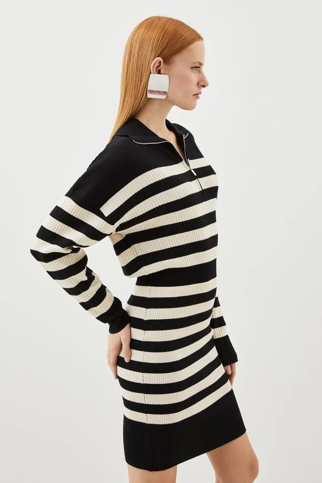 Dresses Women Karen Millen Viscose Blend Fly Collar Rib Knit Stripe Mini Dress Mono
