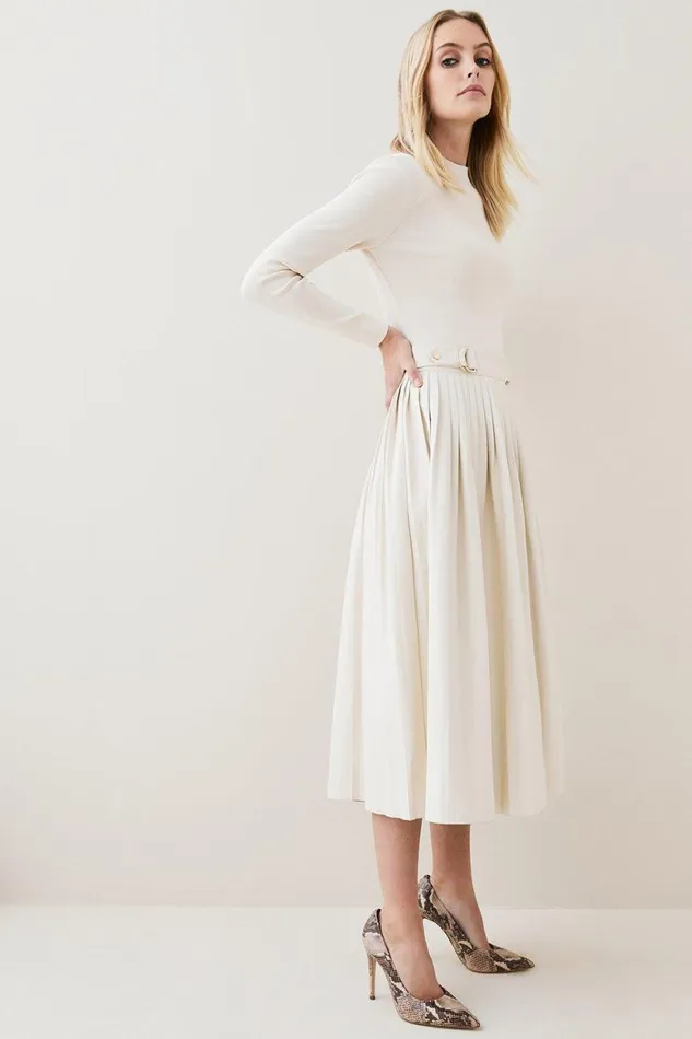 Dresses Women Karen Millen Viscose Blend Knitted Pleated Midi Dress With Pu Detailing Cream Dresses Women Karen Millen Viscose Blend Knitted Pleated Midi Dress With Pu Detailing Cream
