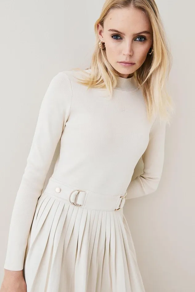 Dresses Women Karen Millen Viscose Blend Knitted Pleated Midi Dress With Pu Detailing Cream