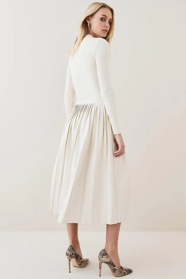 Dresses Women Karen Millen Viscose Blend Knitted Pleated Midi Dress With Pu Detailing Cream