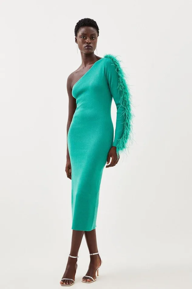 Dresses Women Karen Millen Viscose Blend One Shoulder Feather Detail Knit Midi Dress Green Dresses Women Karen Millen Viscose Blend One Shoulder Feather Detail Knit Midi Dress Green