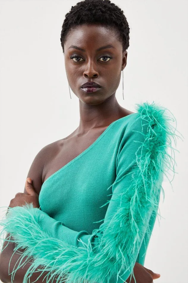 Dresses Women Karen Millen Viscose Blend One Shoulder Feather Detail Knit Midi Dress Green