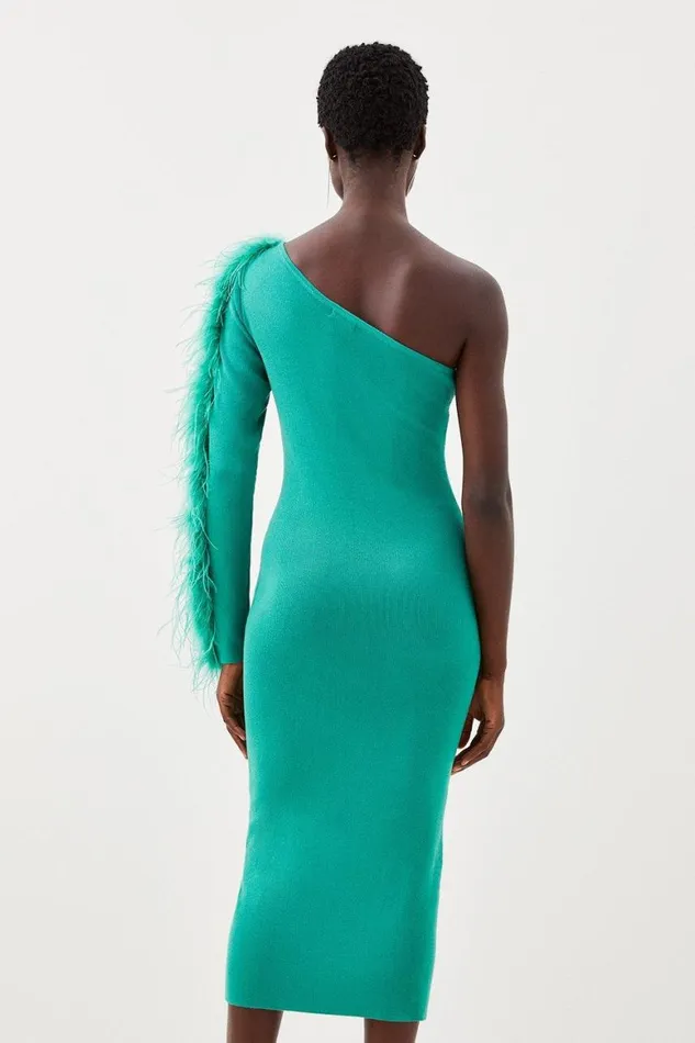 Dresses Women Karen Millen Viscose Blend One Shoulder Feather Detail Knit Midi Dress Green