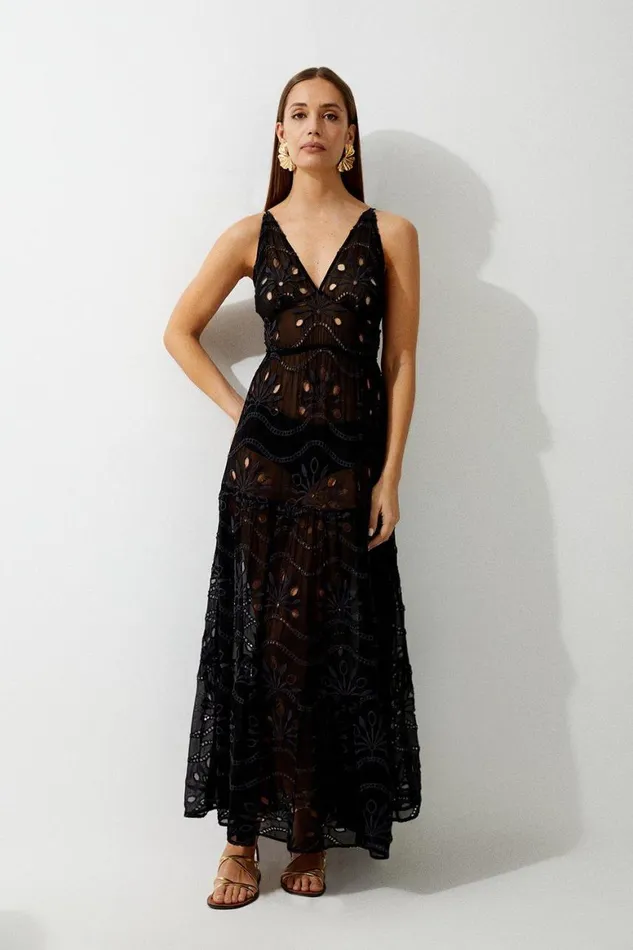 Dresses Women Karen Millen Viscose Georgette Cutwork Beach Strappy Maxi Dress Black