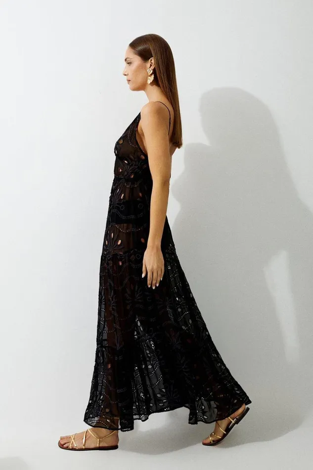 Dresses Women Karen Millen Viscose Georgette Cutwork Beach Strappy Maxi Dress Black