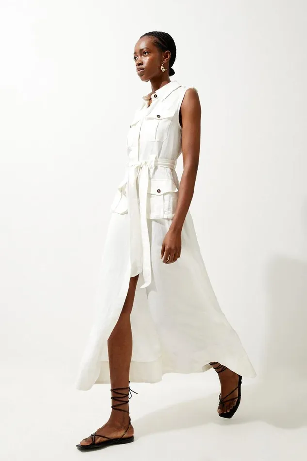 Dresses Women Karen Millen Viscose Linen Sleeveless Woven Maxi Shirt Dress Ivory