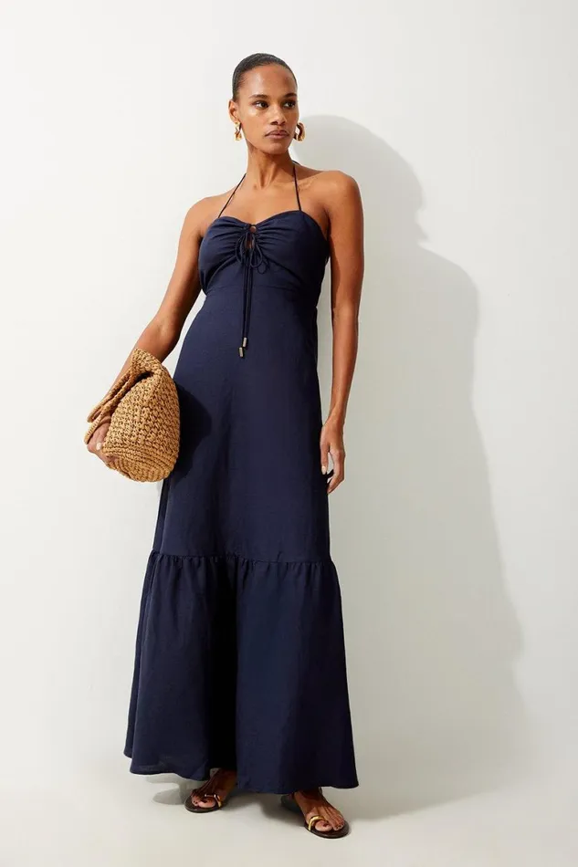 Dresses Women Karen Millen Viscose Linen Woven Maxi Beach Dress Navy