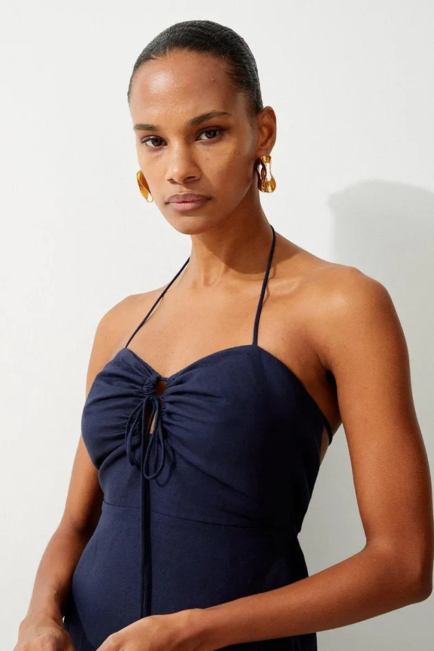 Dresses Women Karen Millen Viscose Linen Woven Maxi Beach Dress Navy