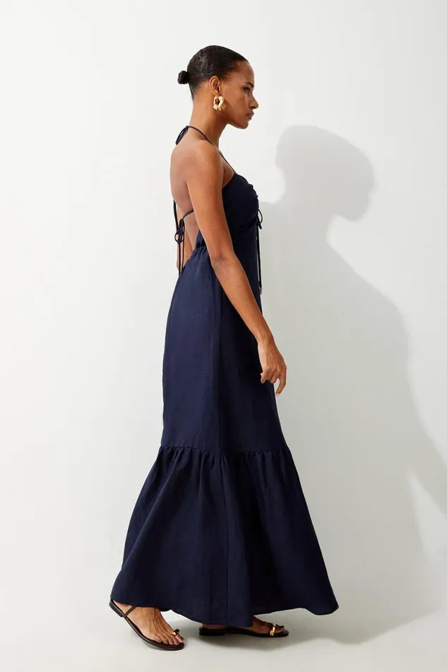 Dresses Women Karen Millen Viscose Linen Woven Maxi Beach Dress Navy