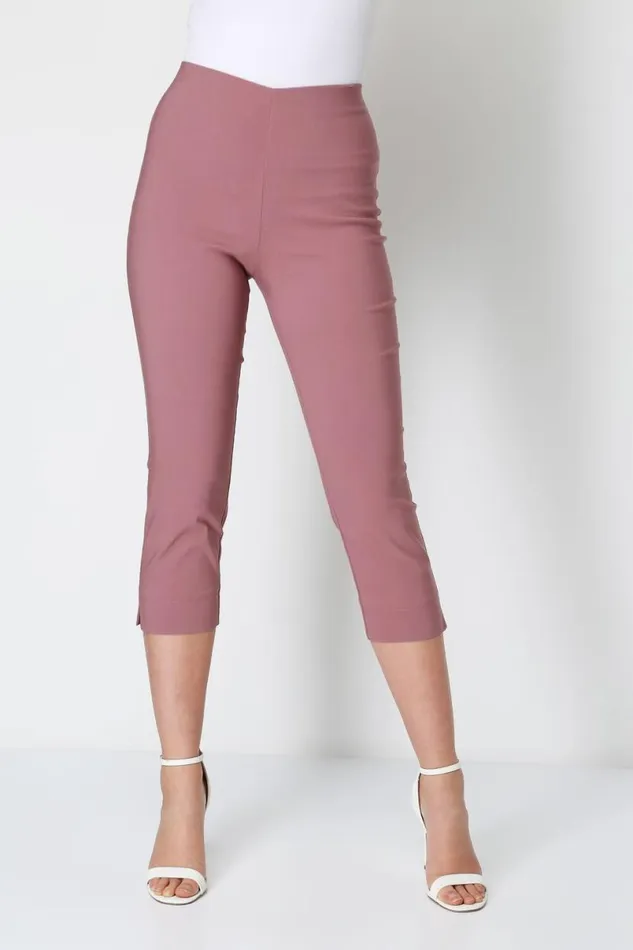 Dusky Pink Elastic Waist Stretch Cropped Trousers Women Roman Coords