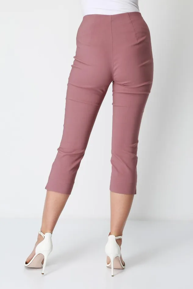 Dusky Pink Elastic Waist Stretch Cropped Trousers Women Roman Coords