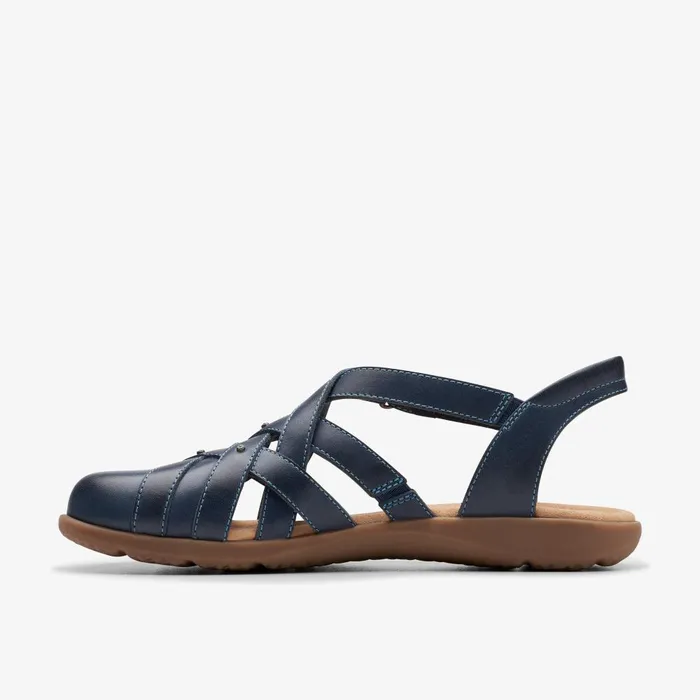 Elizabelle Sea Navy Leather Women Clarks Sandals and Flip Flops