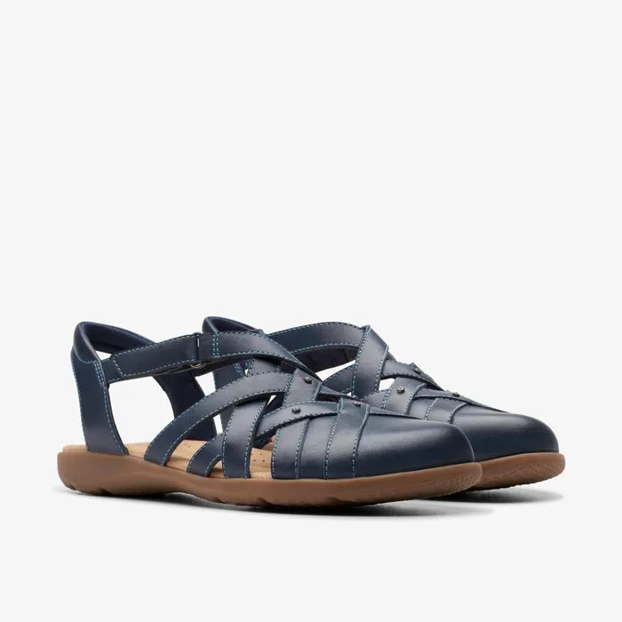 Elizabelle Sea Navy Leather Women Clarks Sandals and Flip Flops