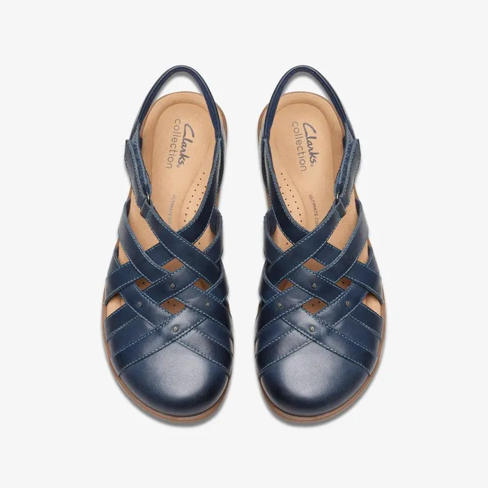 Elizabelle Sea Navy Leather Women Clarks Sandals and Flip Flops