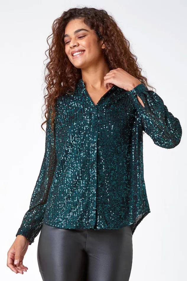 Emerald Embellished Sequin Stretch Blouse Women Roman Tops