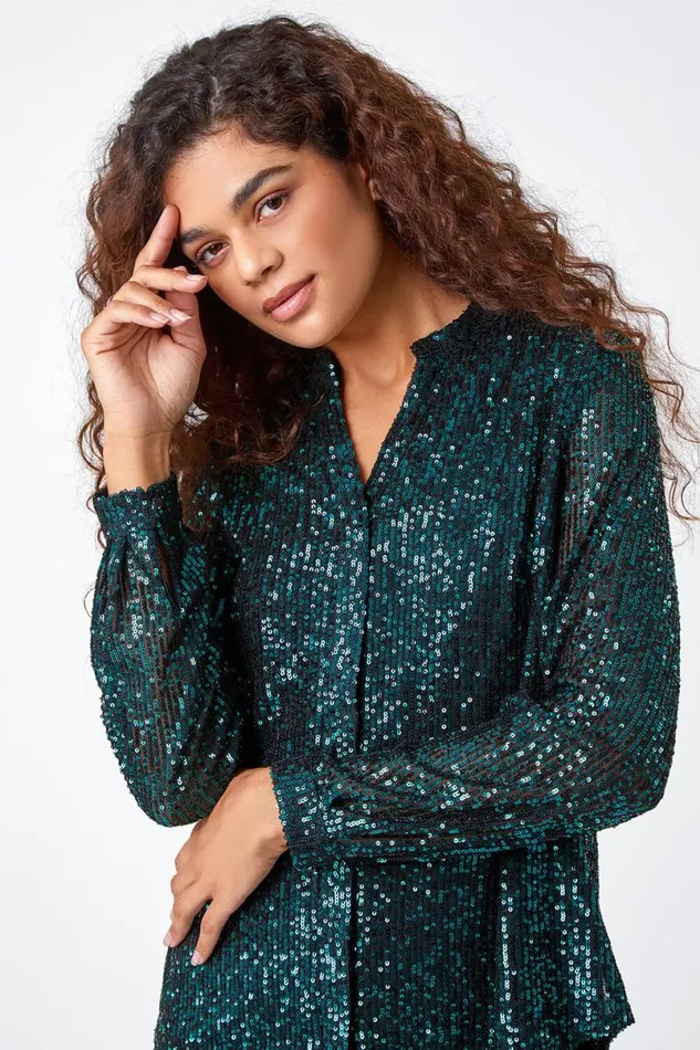 Emerald Embellished Sequin Stretch Blouse Women Roman Tops