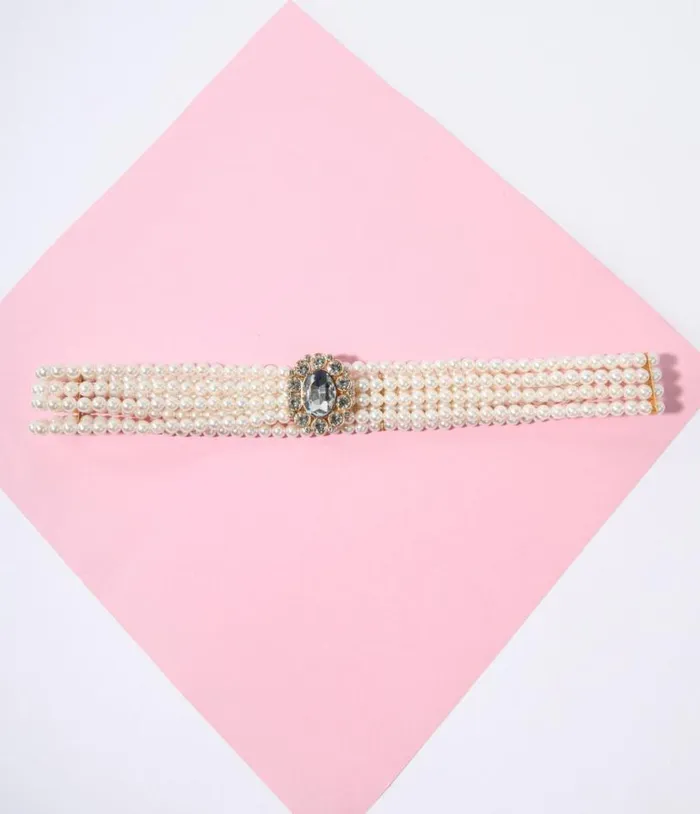 Faux Pearl and Rhinestone Buckle Cinch Belt Accessories Unique Vintage Belts