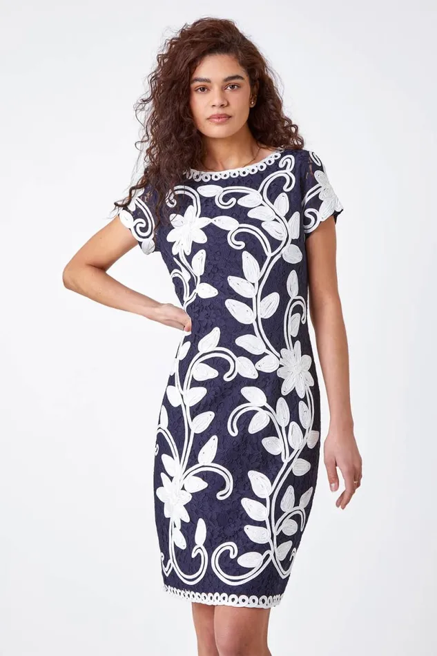 Floral Contrast Tapework Dress Women Roman Dresses