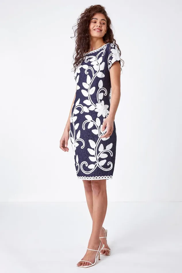 Floral Contrast Tapework Dress Women Roman Dresses