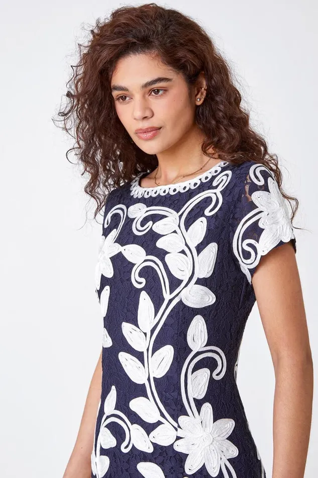 Floral Contrast Tapework Dress Women Roman Dresses