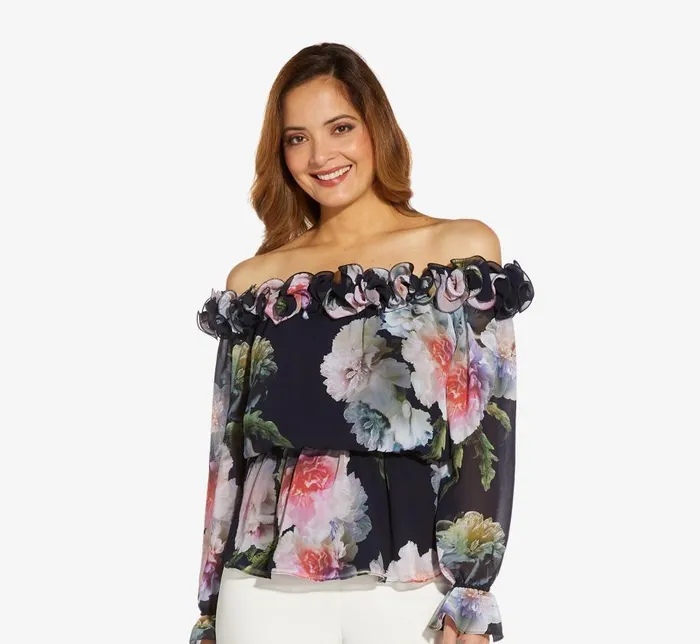 Floral Dresses Womens Adrianna Papell FloralPrint Chiffon Blouson Blouse In Midnight Multi