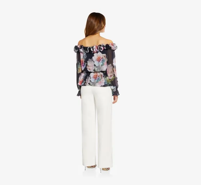 Floral Dresses Womens Adrianna Papell FloralPrint Chiffon Blouson Blouse In Midnight Multi