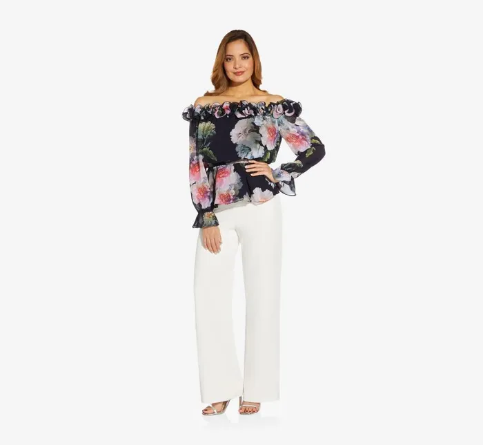 Floral Dresses Womens Adrianna Papell FloralPrint Chiffon Blouson Blouse In Midnight Multi