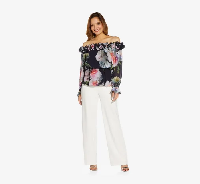 Floral Dresses Womens Adrianna Papell FloralPrint Chiffon Blouson Blouse In Midnight Multi