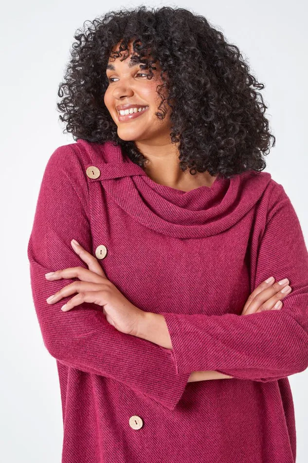 Fuchsia Curve Cowl Neck Button Wrap Top Women Roman Tops