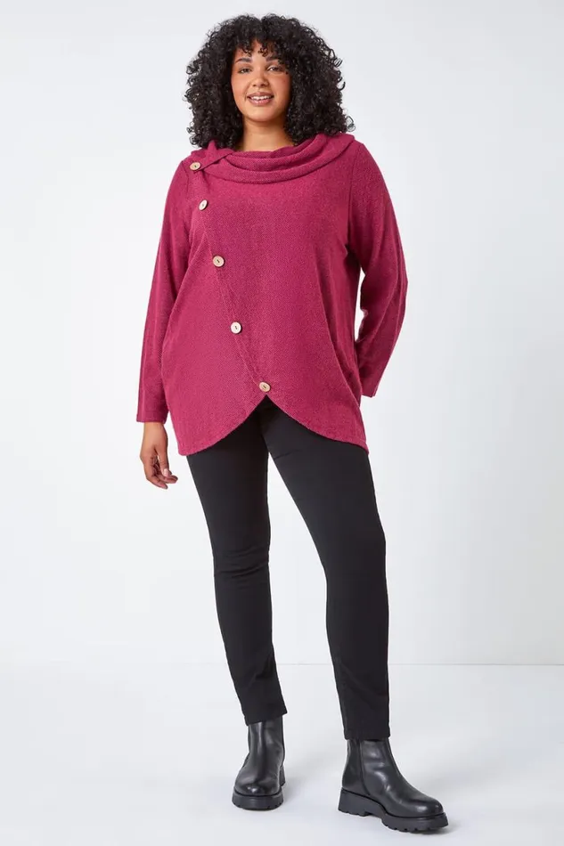 Fuchsia Curve Cowl Neck Button Wrap Top Women Roman Tops