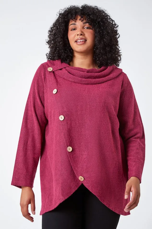 Fuchsia Curve Cowl Neck Button Wrap Top Women Roman Tops