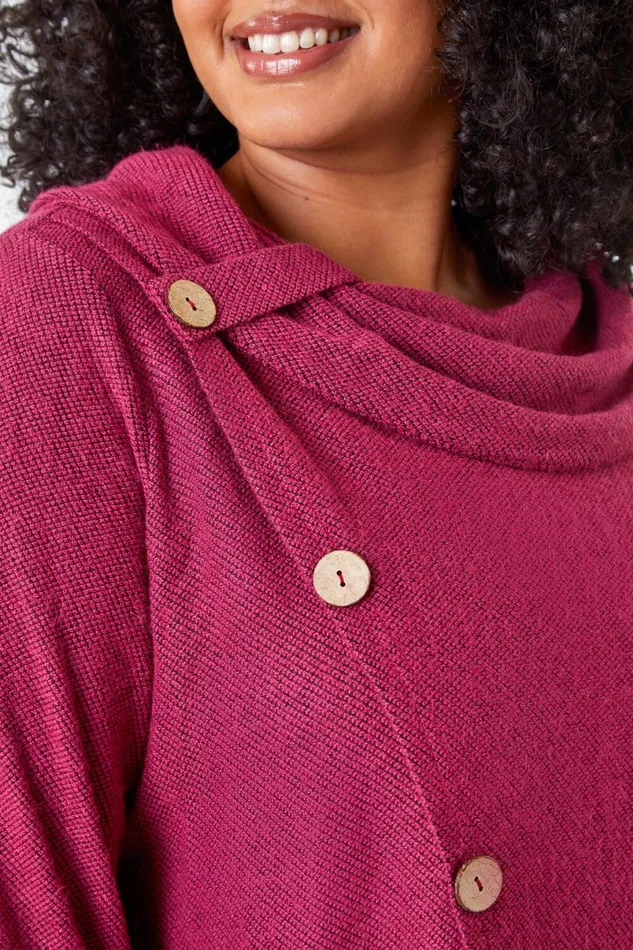 Fuchsia Curve Cowl Neck Button Wrap Top Women Roman Tops