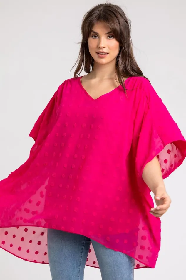 Fuchsia Curve Textured Spot Chiffon Overlay Top Women Roman Tops