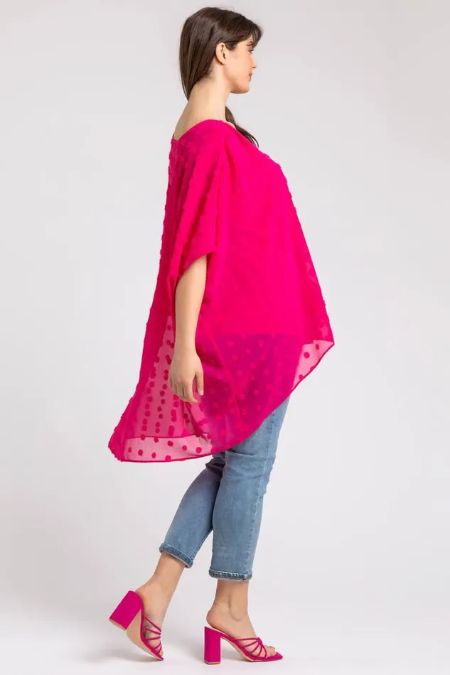 Fuchsia Curve Textured Spot Chiffon Overlay Top Women Roman Tops