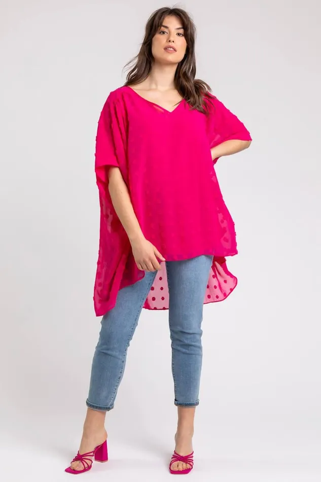 Fuchsia Curve Textured Spot Chiffon Overlay Top Women Roman Tops