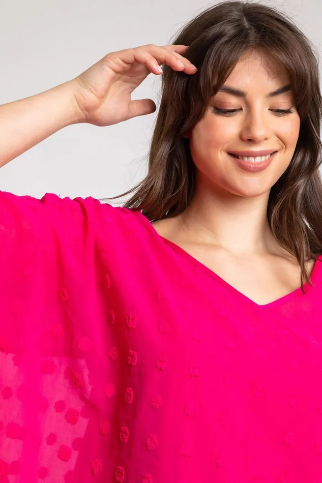 Fuchsia Curve Textured Spot Chiffon Overlay Top Women Roman Tops