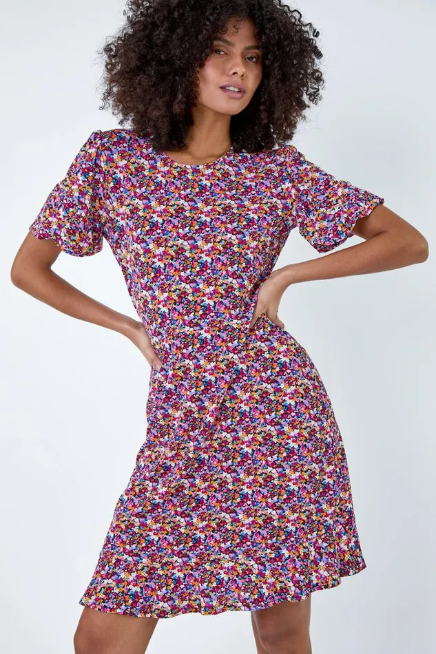 Fuchsia Ditsy Floral Print Dress Women Roman Dresses