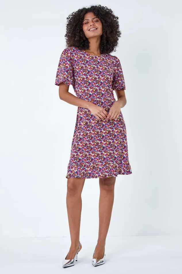 Fuchsia Ditsy Floral Print Dress Women Roman Dresses