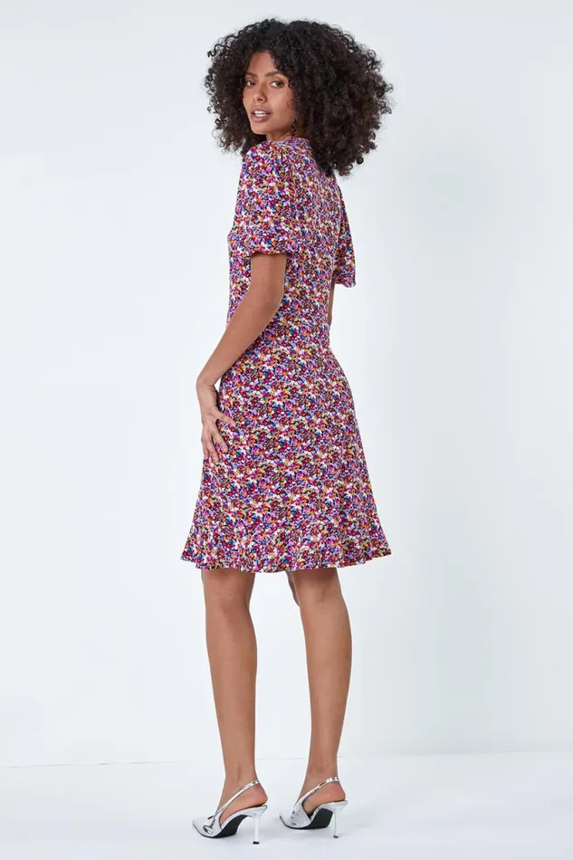 Fuchsia Ditsy Floral Print Dress Women Roman Dresses