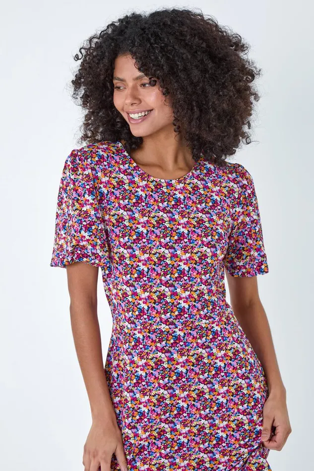 Fuchsia Ditsy Floral Print Dress Women Roman Dresses
