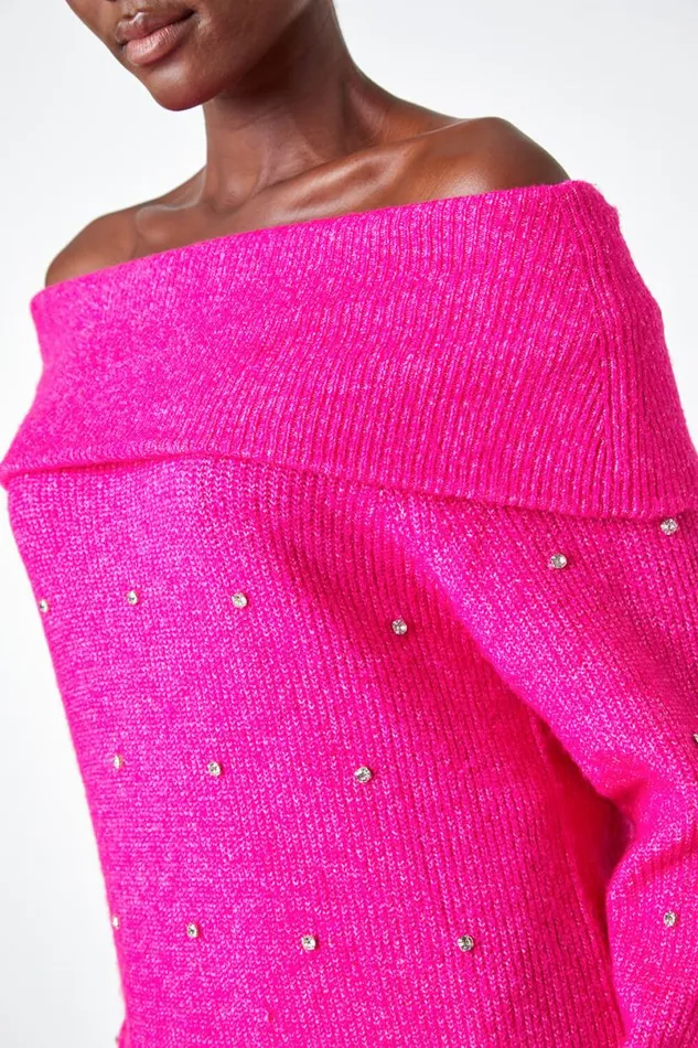 Fuchsia Embellished Bardot Stretch Longline Jumper Women Roman Occasionwear