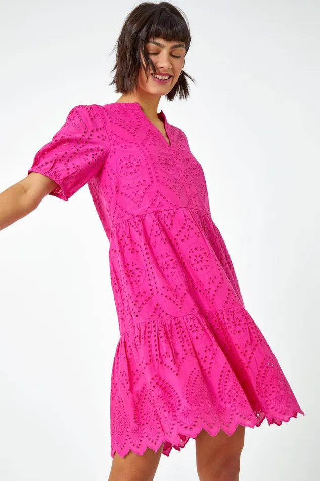 Fuchsia Embroidered Tiered Cotton Smock Dress Women Roman Dresses