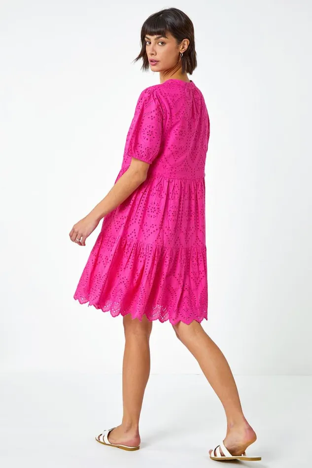 Fuchsia Embroidered Tiered Cotton Smock Dress Women Roman Dresses