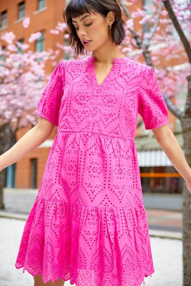 Fuchsia Embroidered Tiered Cotton Smock Dress Women Roman Dresses
