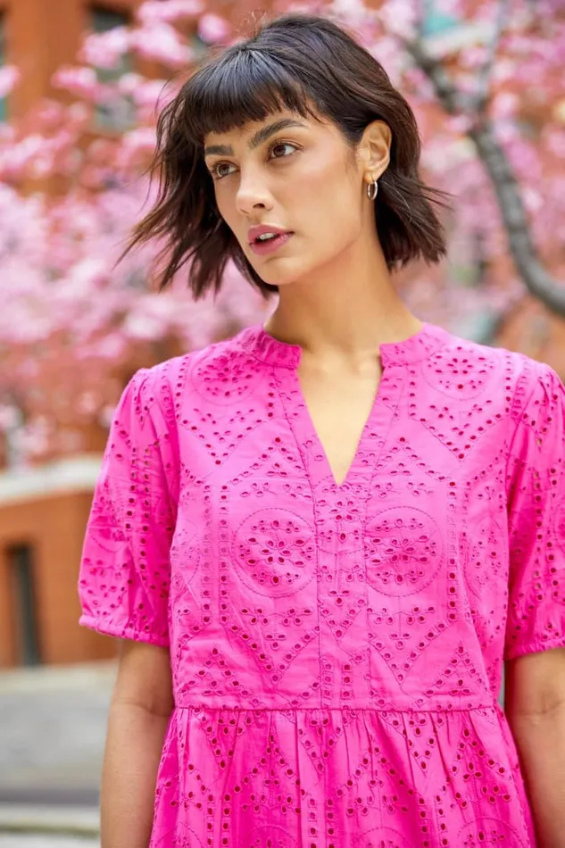 Fuchsia Embroidered Tiered Cotton Smock Dress Women Roman Dresses