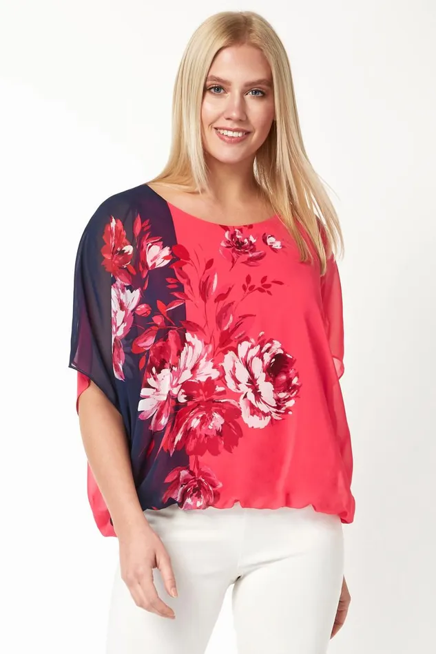 Fuchsia Floral Contrast Print Bubblehem Chiffon Top Women Roman Tops