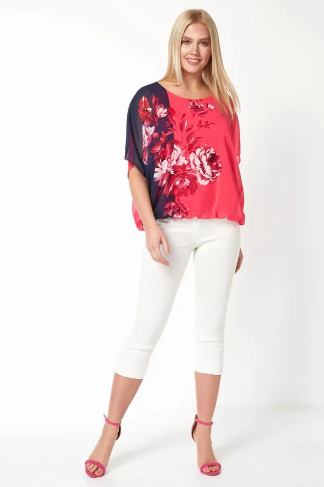 Fuchsia Floral Contrast Print Bubblehem Chiffon Top Women Roman Tops