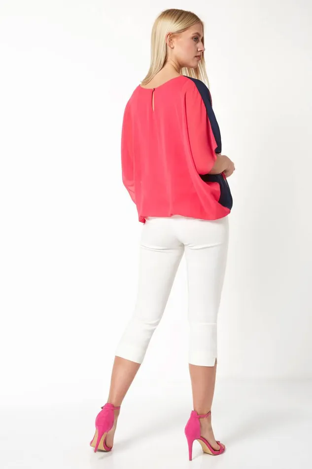 Fuchsia Floral Contrast Print Bubblehem Chiffon Top Women Roman Tops